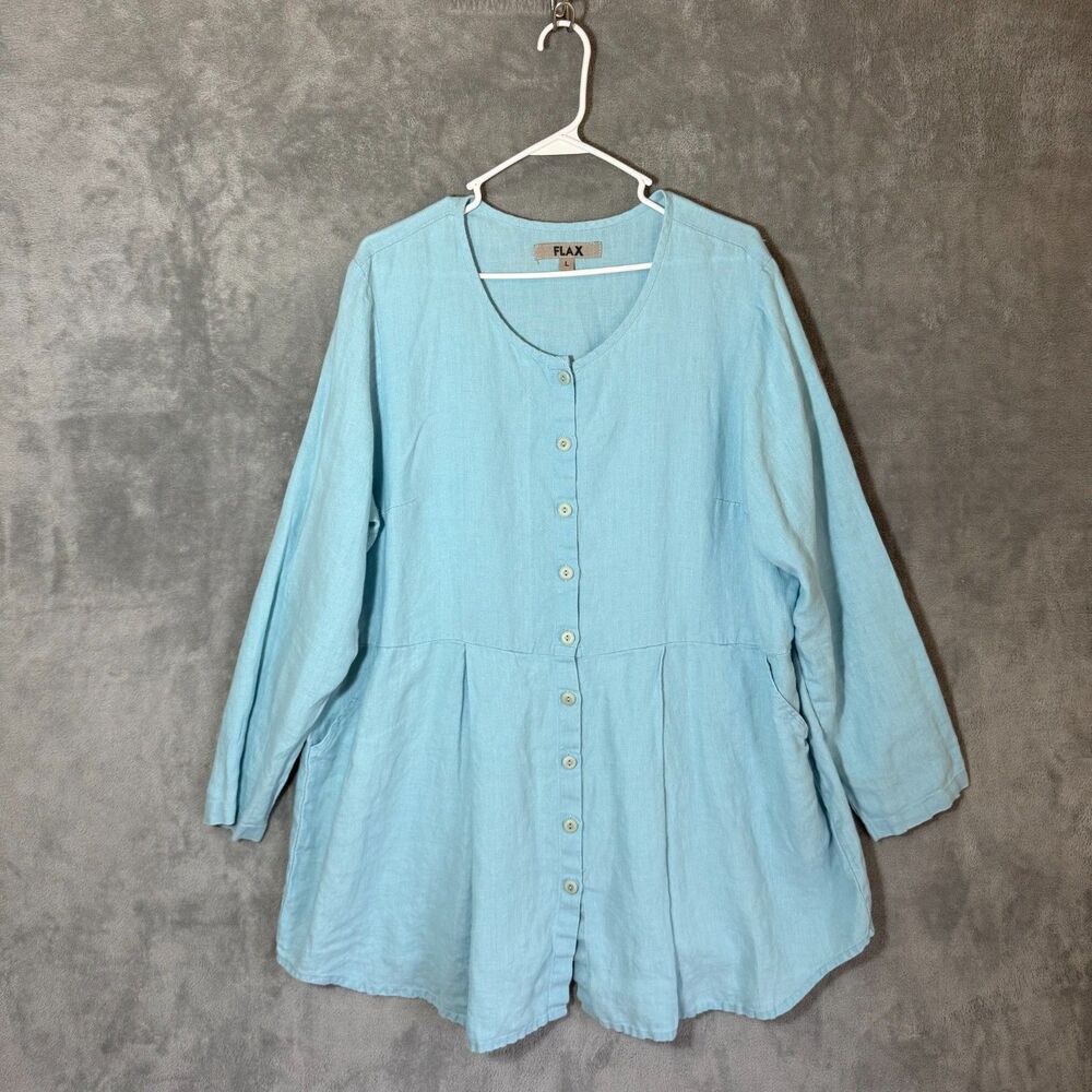 FLAX Linen Blue Button Front Tunic Top L Coastal Lagenlook 3/4 Sleeves Pockets